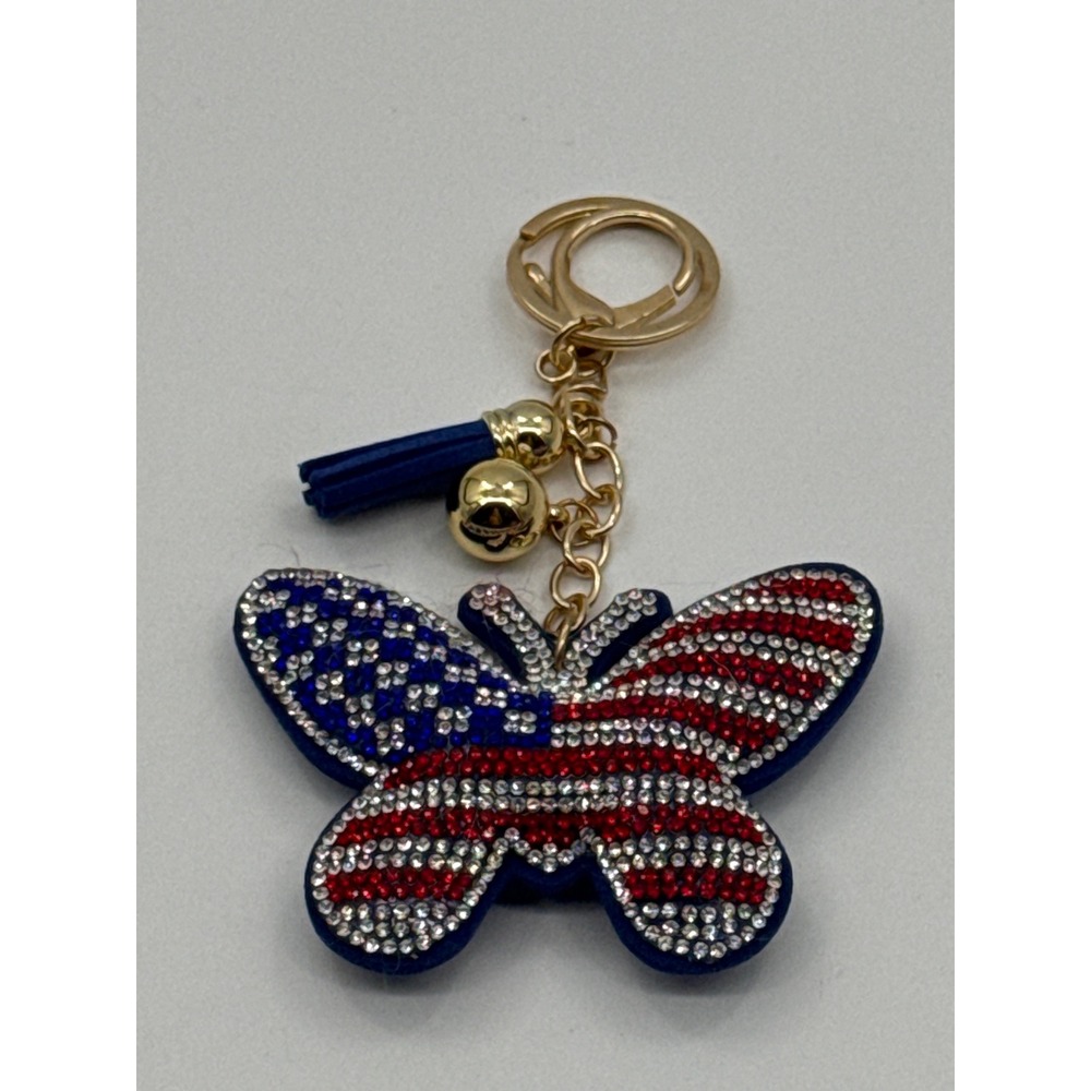 Rhinestone American Flag Butterfly Keychain Tassel Gold Tone Patriotic Charm